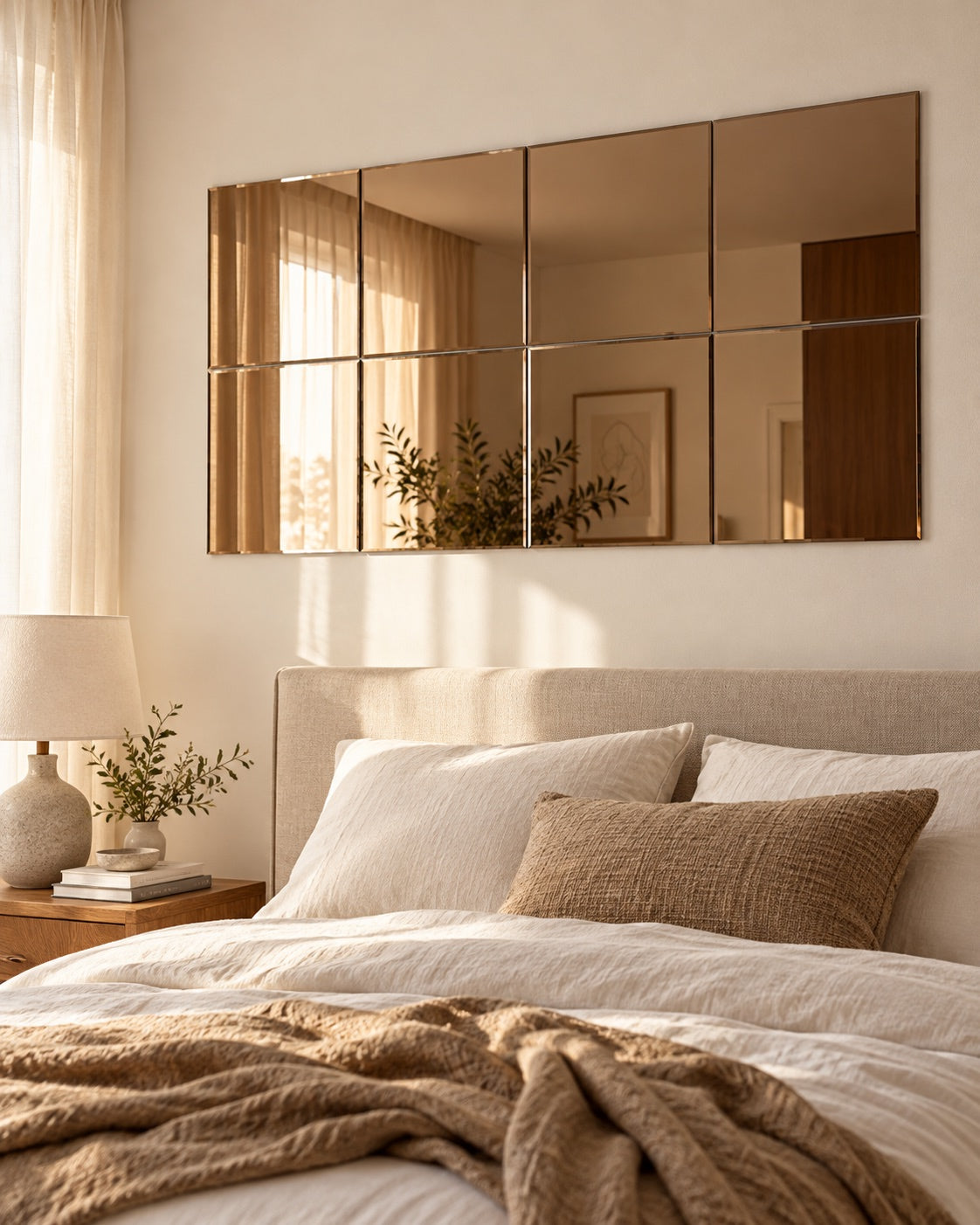 FLAT · Parlak pudra modelinin 30 × 30 cm kare modüllerle uygulandığı yatak odasında sakin bir ışıltı konsepti