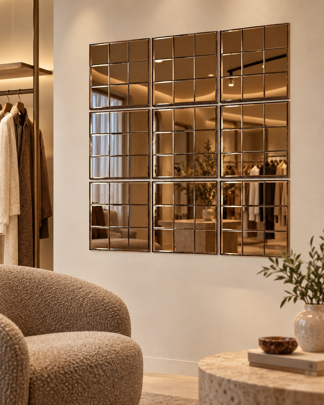 DOKO · Parlak kahve modelinin 30 × 30 cm kare modüllerle uygulandığı butikte zarif yansımalar konsepti